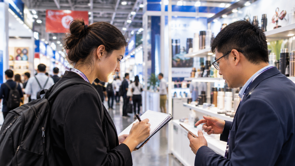 Conversación profesional en feria comercial