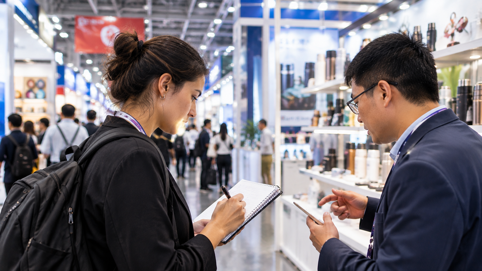 Conversación profesional en feria comercial